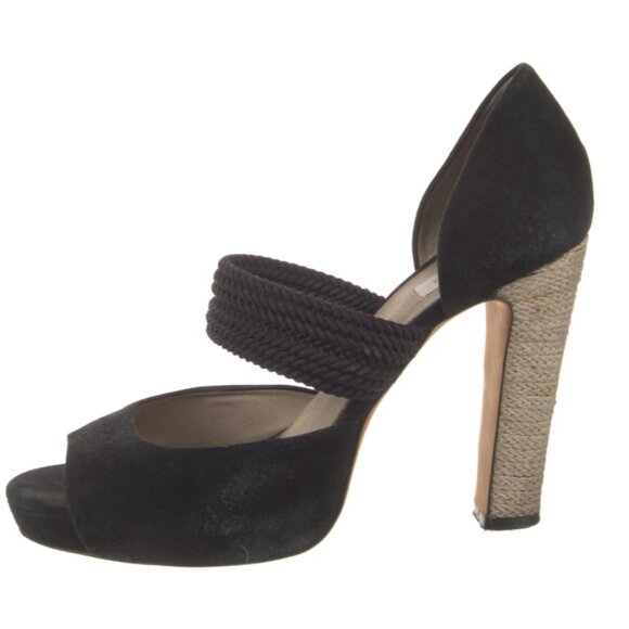 Max Mara Black Suede Rope Heel Platform Peep Toe Heels Women's - Picture 3 of 11